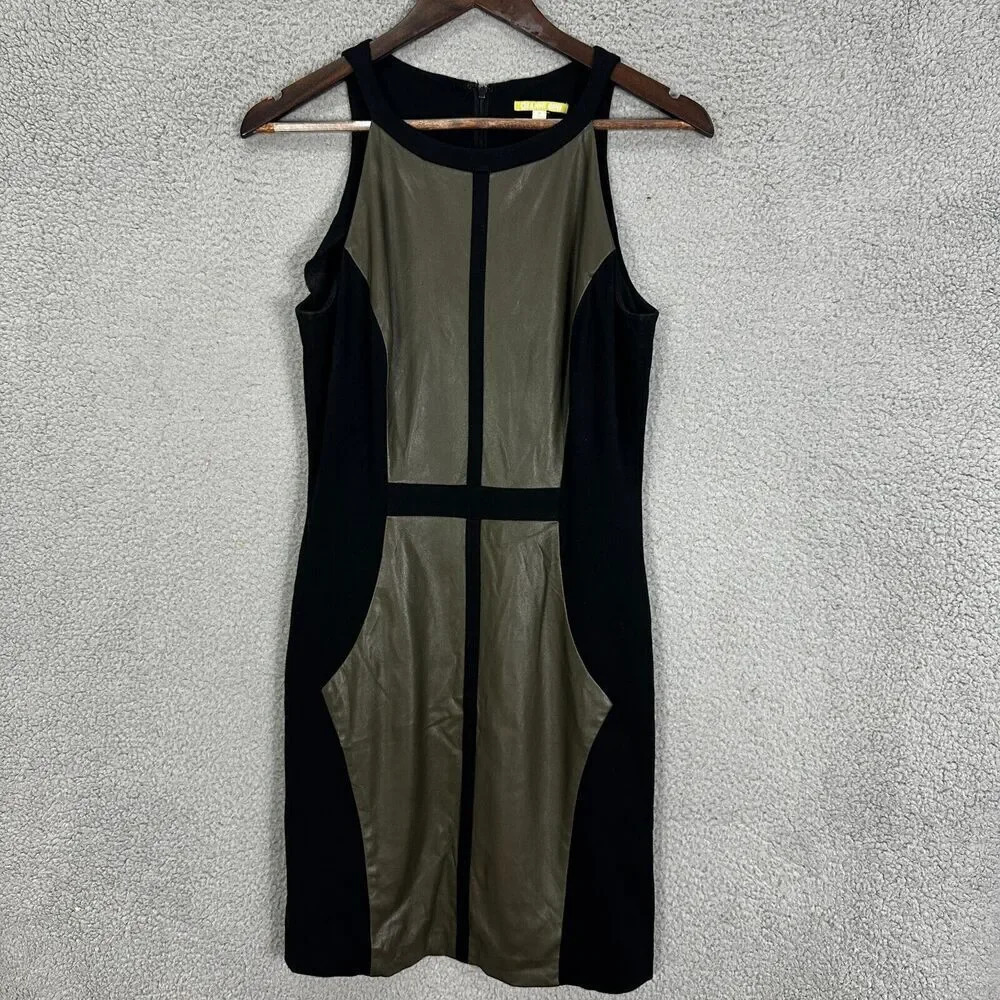 Gianni Bini dress womens medium black green faux leather panel sheath sleeveless